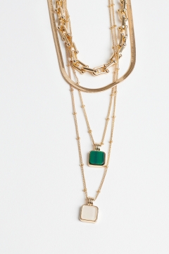 Necklace Gold White Green Bead Layers